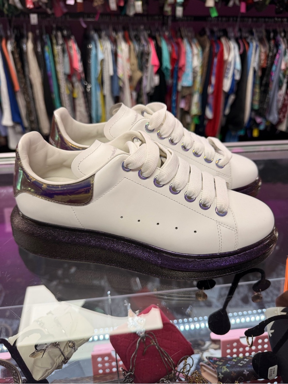 Alexander McQueen White Leather Sneakers with Iridescent Purple Heel